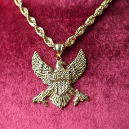 10K Gold USA Eagle With Wings Pendant and 10K Gold Rope Chain 20"