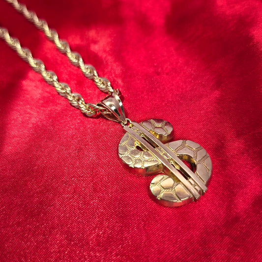 10K Elegant Dollar Sign Pendant With Gold Nugget and 10K Rope Chain 20"