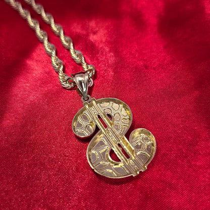 10K Elegant Dollar Sign Pendant With Gold Nugget and 10K Rope Chain 20"