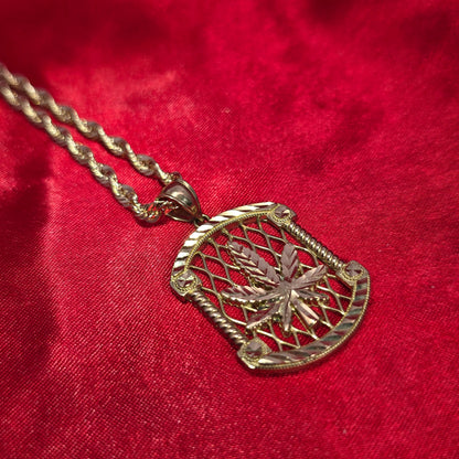 10K Marijuana Leaf Gold Pendant with 10K Rope Chain 20"