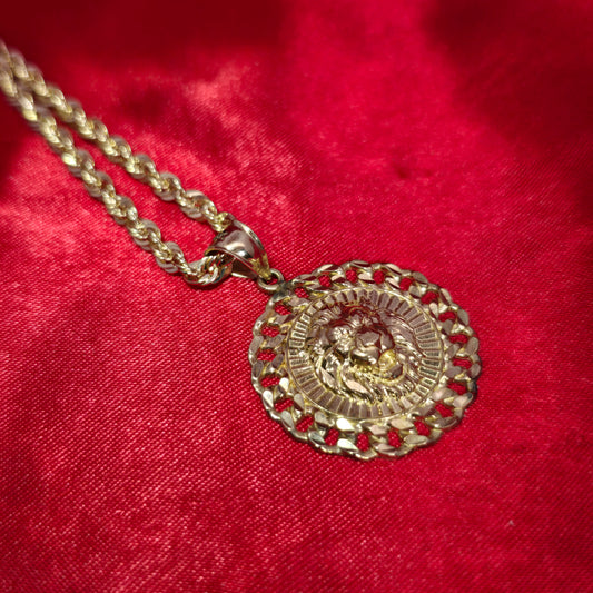 10K Yellow Gold Rope Chain with Lion Head Pendant | Round Cuban Border Medallion