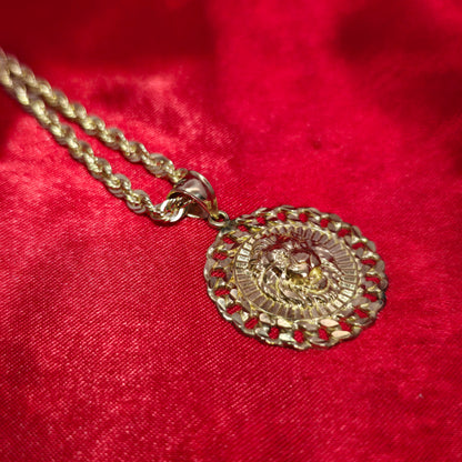 10K Yellow Gold Rope Chain with Lion Head Pendant | Round Cuban Border Medallion