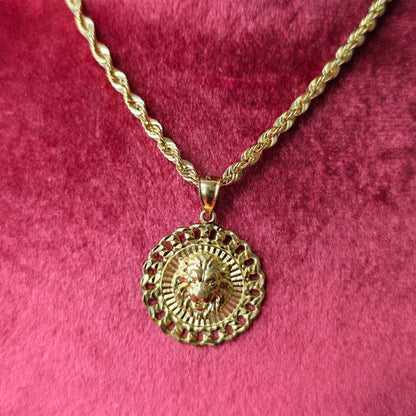 10K Yellow Gold Rope Chain with Lion Head Pendant | Round Cuban Border Medallion