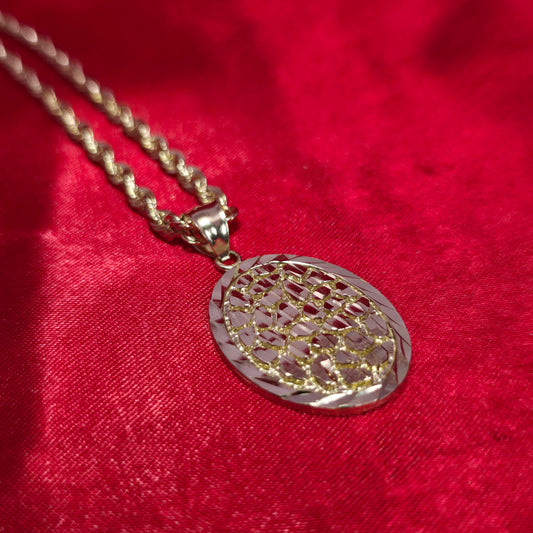 10K Gold Oval Nugget Pendant With 10K Rope Chain 20"