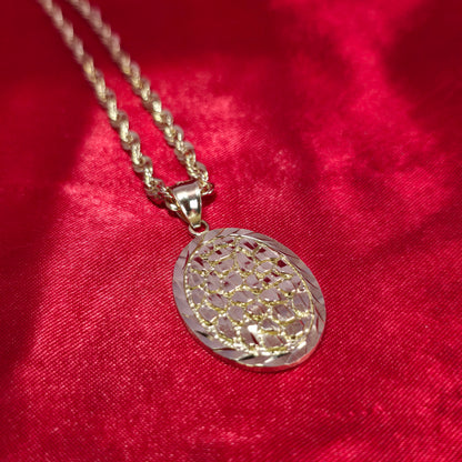 10K Gold Oval Nugget Pendant With 10K Rope Chain 20"