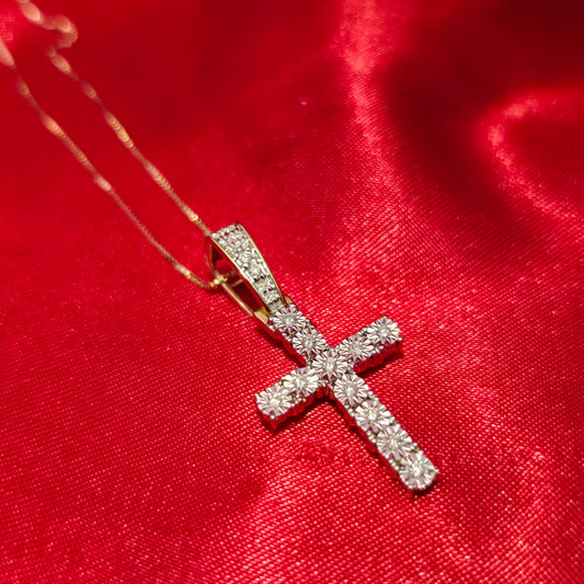 10K Yellow Gold Cross Pendant with Diamond Box Chain | 1/8 CTW Women's Necklace
