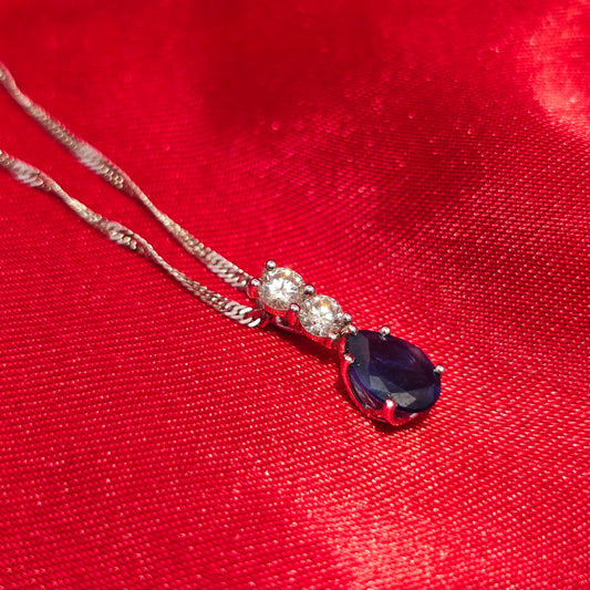 18K White Gold Blue Sapphire Pendant with Diamond Twisted Curb Chain | 1/5 CTW Necklace for Women