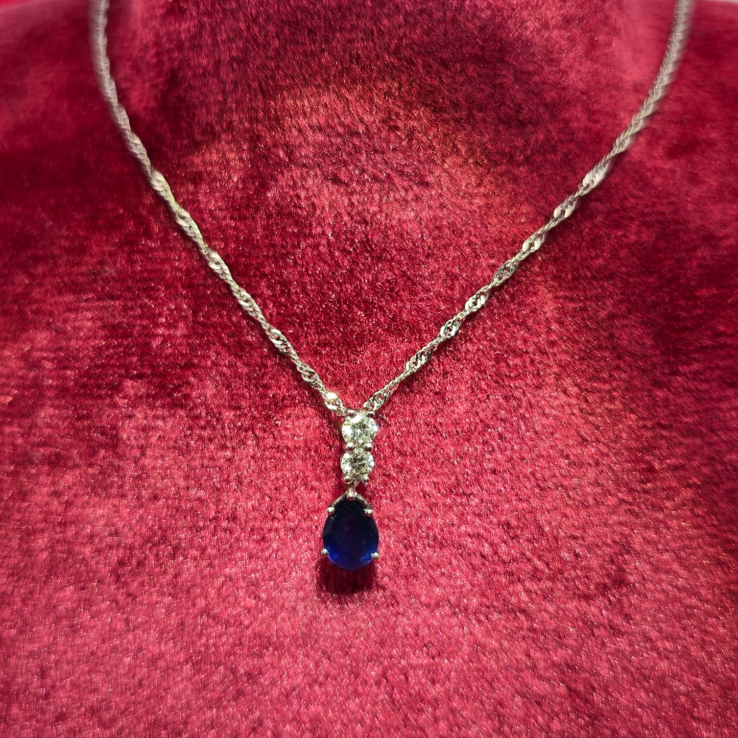 18K White Gold Blue Sapphire Pendant with Diamond Twisted Curb Chain | 1/5 CTW Necklace for Women