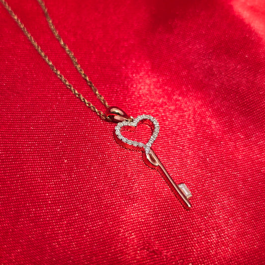 10K Rose Gold Heart Key Pendant with Diamond Twisted Curb Chain | 0.10 CTW Women’s Necklace