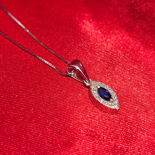 10K White Gold Marquise Sapphire Pendant with Diamond Halo & Box Chain | 0.27 CTW Necklace for Women