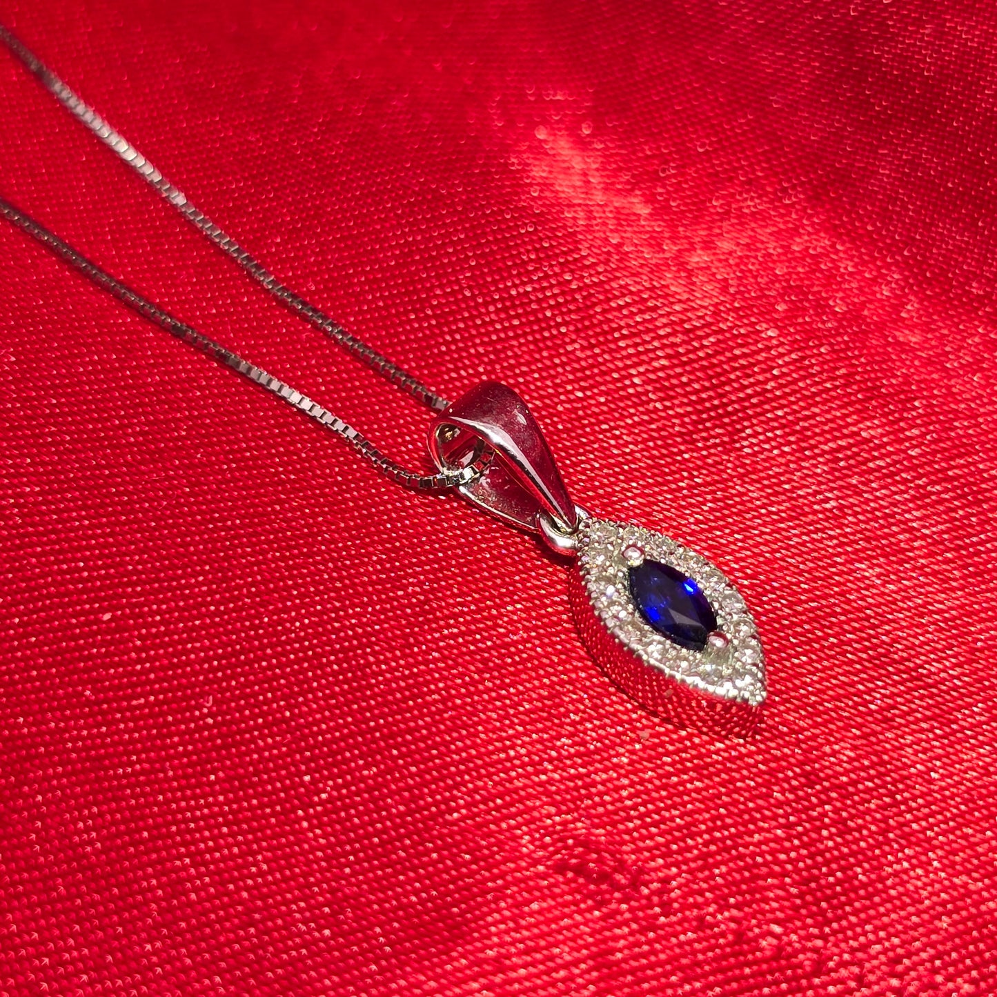 10K White Gold Marquise Sapphire Pendant with Diamond Halo & Box Chain | 0.27 CTW Necklace for Women