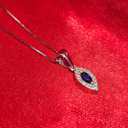 10K White Gold Marquise Sapphire Pendant with Diamond Halo & Box Chain | 0.27 CTW Necklace for Women