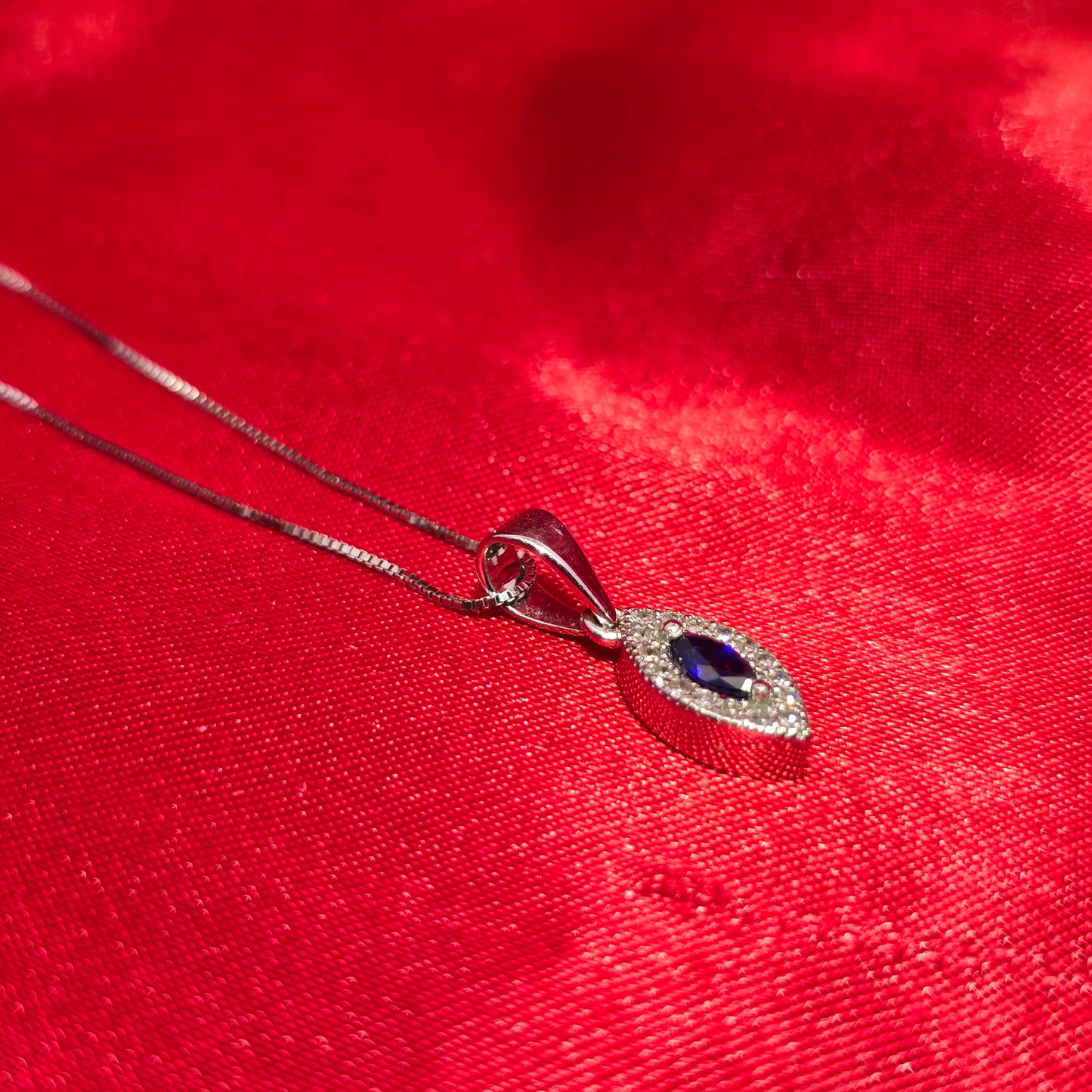 10K White Gold Marquise Sapphire Pendant with Diamond Halo & Box Chain | 0.27 CTW Necklace for Women