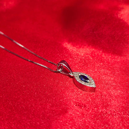 10K White Gold Marquise Sapphire Pendant with Diamond Halo & Box Chain | 0.27 CTW Necklace for Women