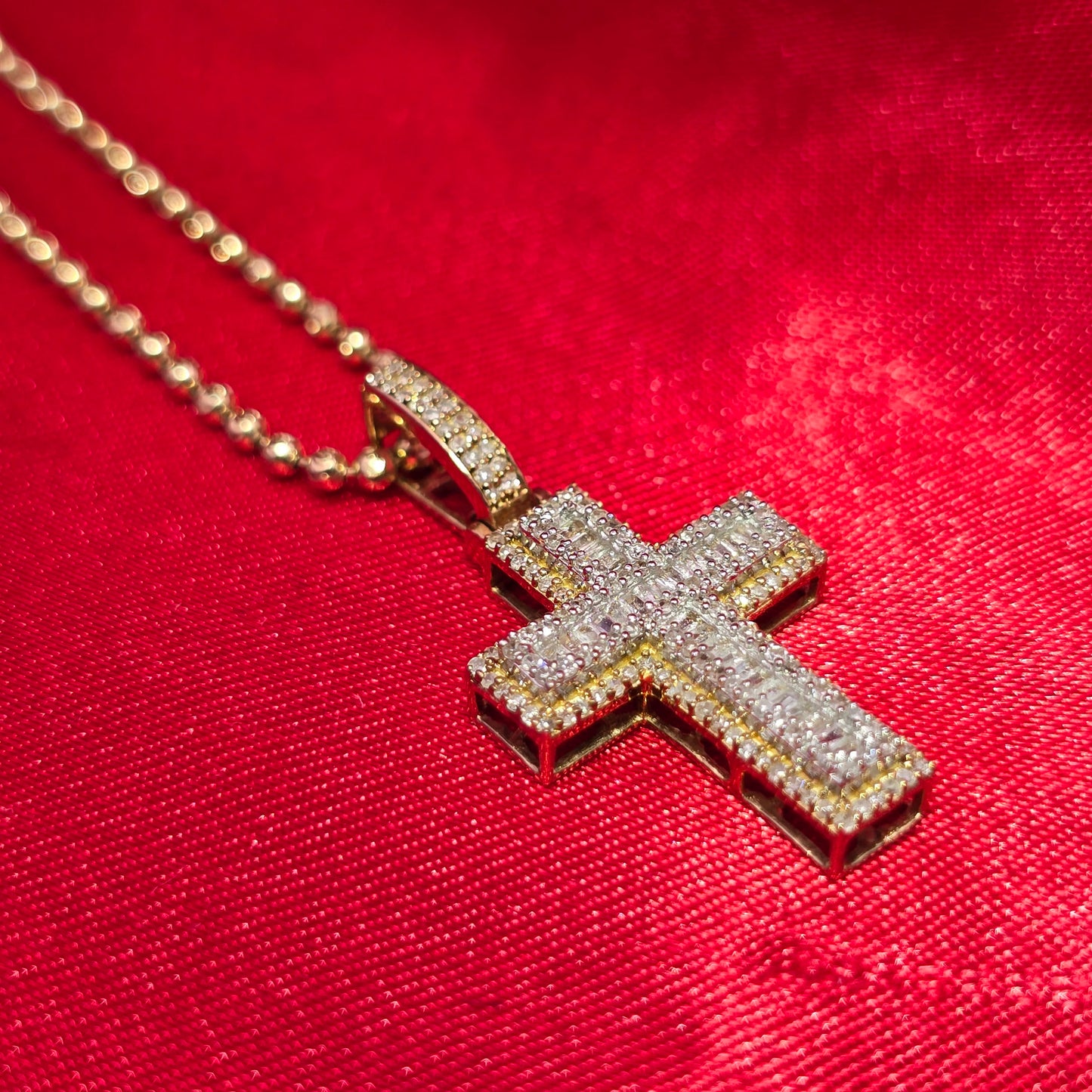 10K Yellow Gold Diamond Cross Pendant with Moon Cut Chain | 0.60 CTW