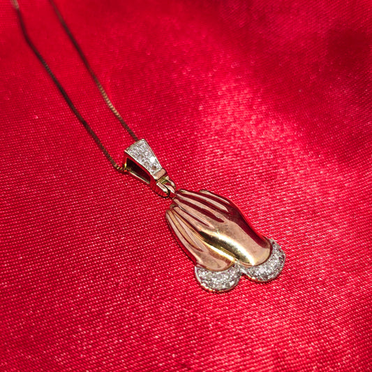 10K Yellow Gold Diamond Praying Hands Necklace for Women | 1/6 CTW