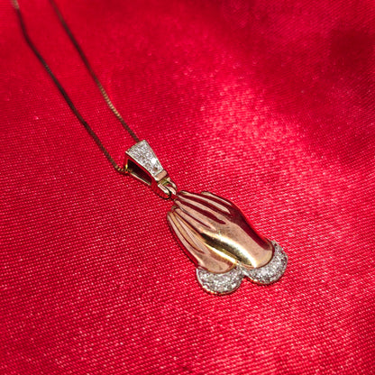 10K Yellow Gold Diamond Praying Hands Necklace for Women | 1/6 CTW