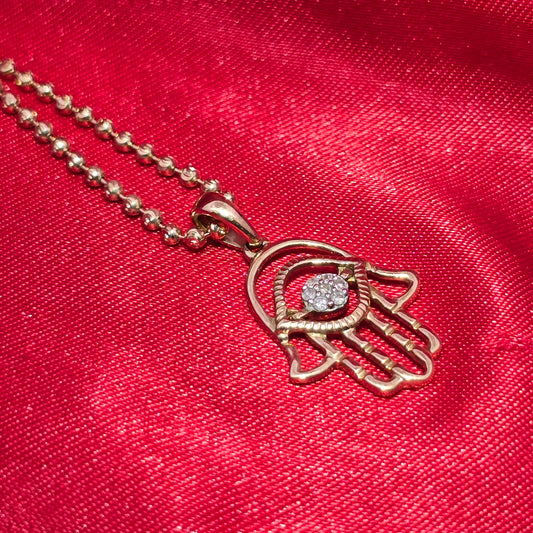 10K Yellow Gold Women's Diamond Hamsa Hand Necklace Set 0.10 CTW | Moon Cut Chain | Protective Evil Eye Charm Jewelry