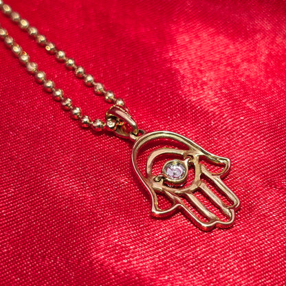 10K Yellow Gold Women's Diamond Hamsa Hand Necklace Set 0.10 CTW | Moon Cut Chain | Protective Evil Eye Charm Jewelry