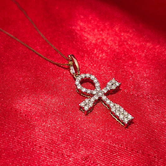 10K Yellow Gold Diamond Ankh Cross Necklace Set for Women | 0.45 CTW