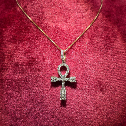 10K Yellow Gold Diamond Ankh Cross Necklace Set for Women | 0.45 CTW