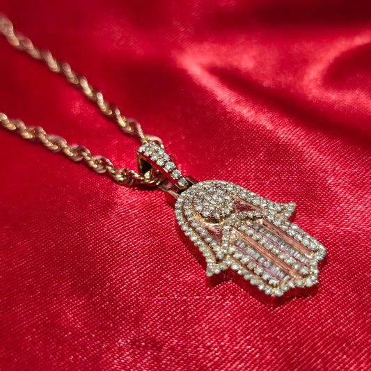 1.00 CTW Diamond Hamsa Pendant in 10K Rose Gold | Unisex Protection Necklace