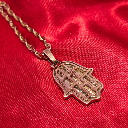 1.00 CTW Diamond Hamsa Pendant in 10K Rose Gold | Unisex Protection Necklace
