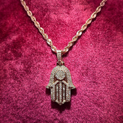 1.00 CTW Diamond Hamsa Pendant in 10K Rose Gold | Unisex Protection Necklace