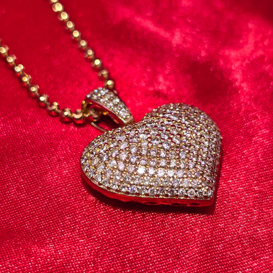 10K Yellow Gold Diamond Heart Pendant with Moon Cut Chain for Women | Iced Heart Look