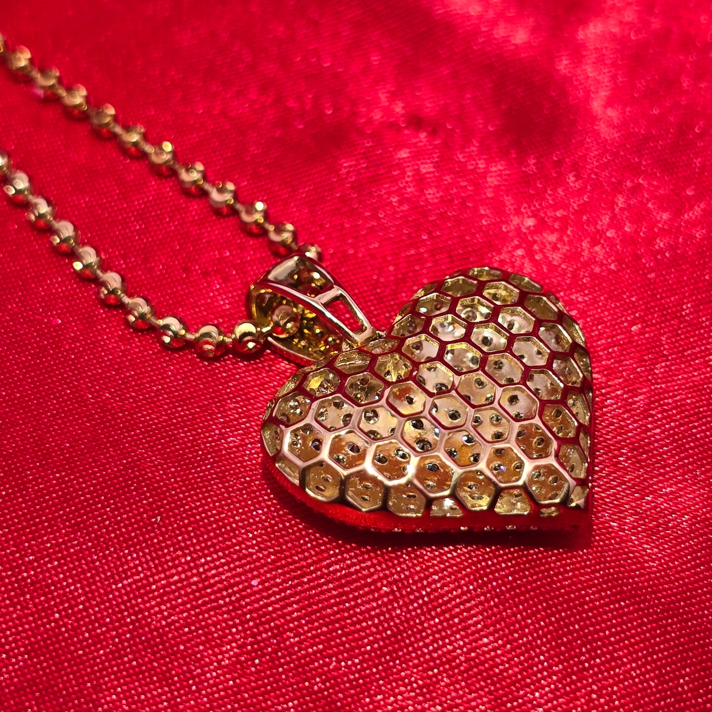 10K Yellow Gold Diamond Heart Pendant with Moon Cut Chain for Women | Iced Heart Look