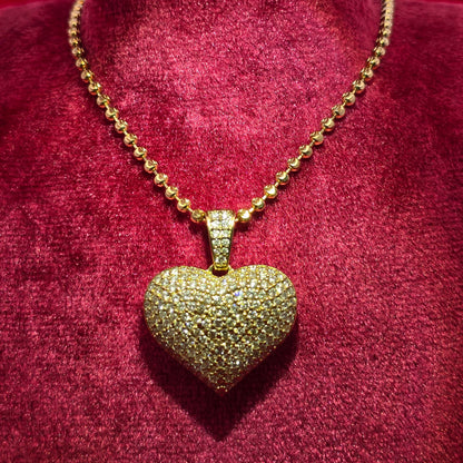 10K Yellow Gold Diamond Heart Pendant with Moon Cut Chain for Women | Iced Heart Look