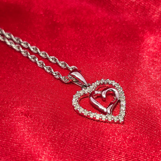 10K White Gold Diamond Heart Pendant Necklace for Women | 0.10 CTW