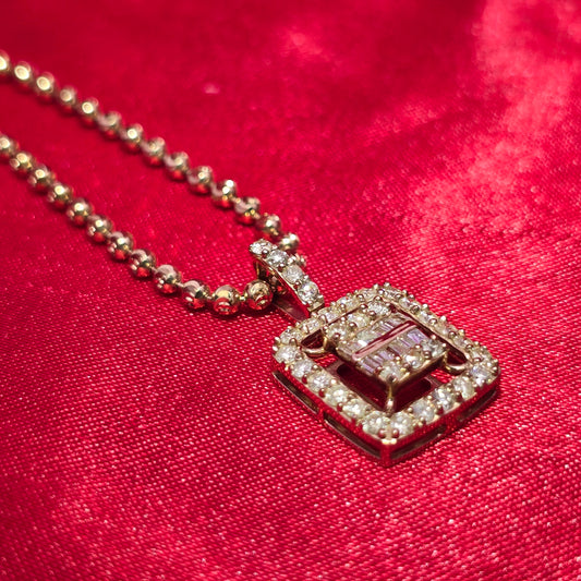 10K Yellow Gold Diamond Princess Cut Pendant Necklace with Beaded Chain – 0.90 CTW