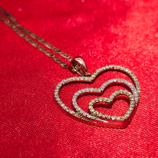 10K Tri-Color Gold Diamond Double Heart Pendant Necklace with Link Chain – 0.50 CTW