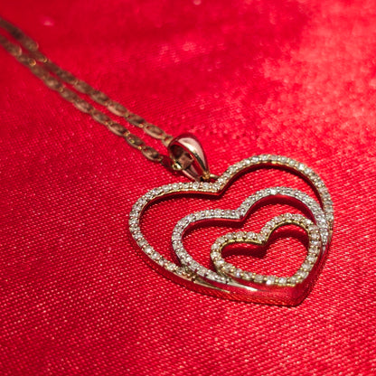 10K Tri-Color Gold Diamond Double Heart Pendant Necklace with Link Chain – 0.50 CTW