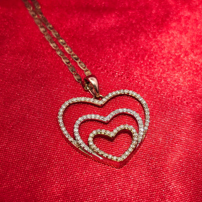 10K Tri-Color Gold Diamond Double Heart Pendant Necklace with Link Chain – 0.50 CTW