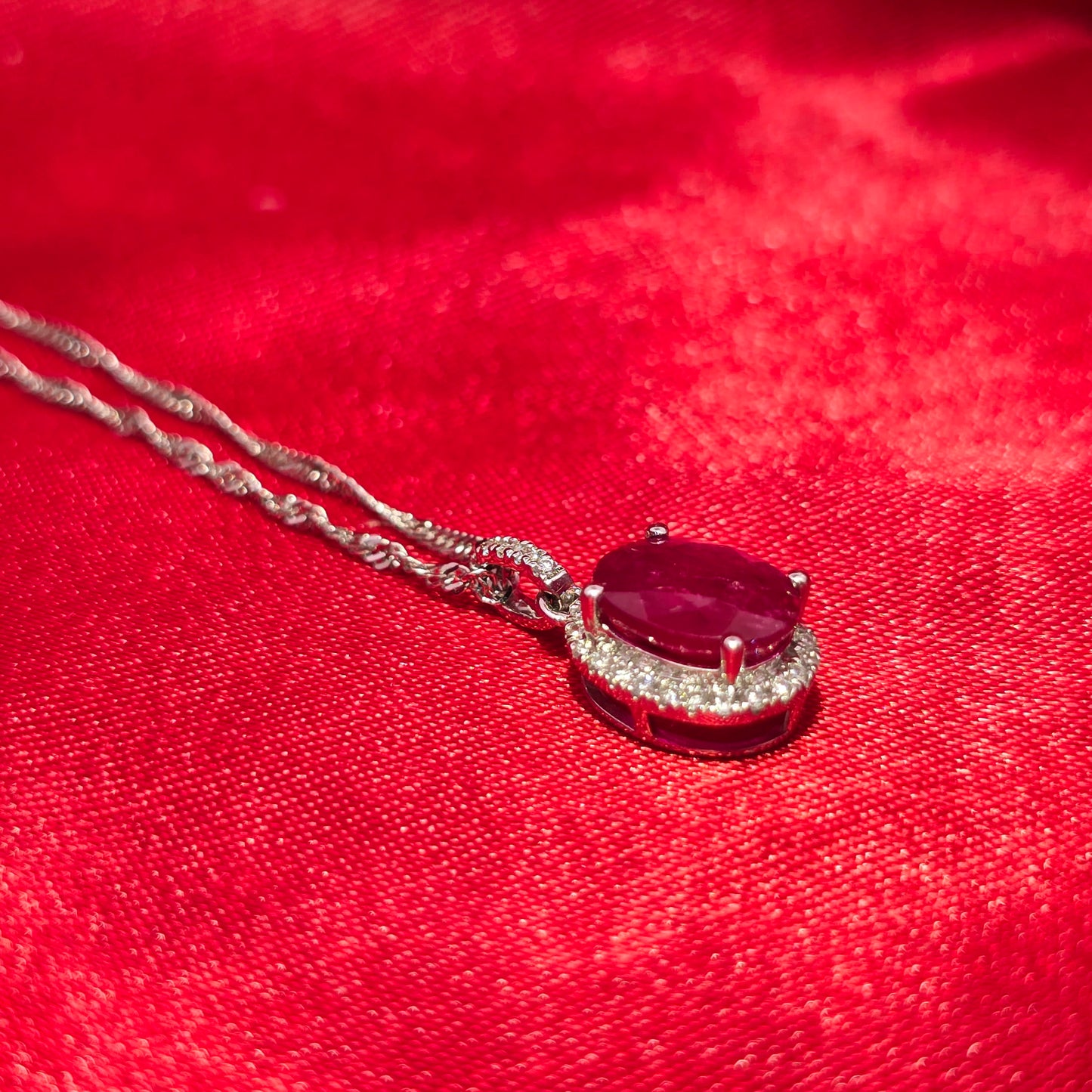 14K White Gold Diamond Ruby Oval Pendant Necklace | July Birthstone 1/8 CTW