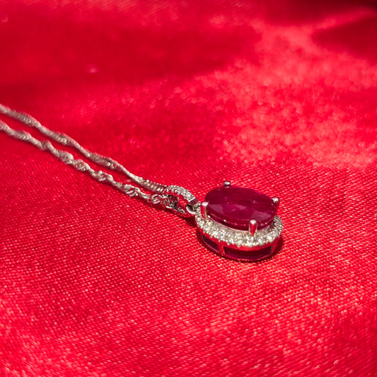 14K White Gold Diamond Ruby Oval Pendant Necklace | July Birthstone 1/8 CTW