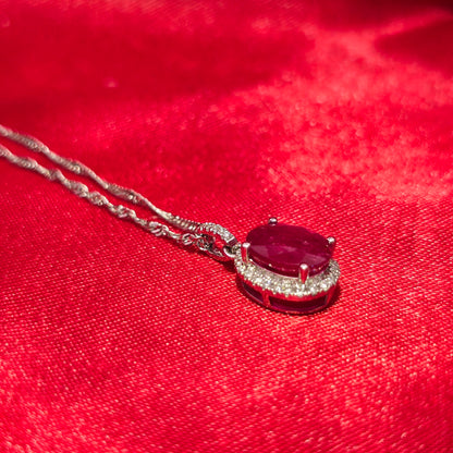 14K White Gold Diamond Ruby Oval Pendant Necklace | July Birthstone 1/8 CTW
