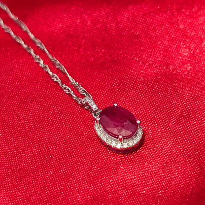 14K White Gold Diamond Ruby Oval Pendant Necklace | July Birthstone 1/8 CTW