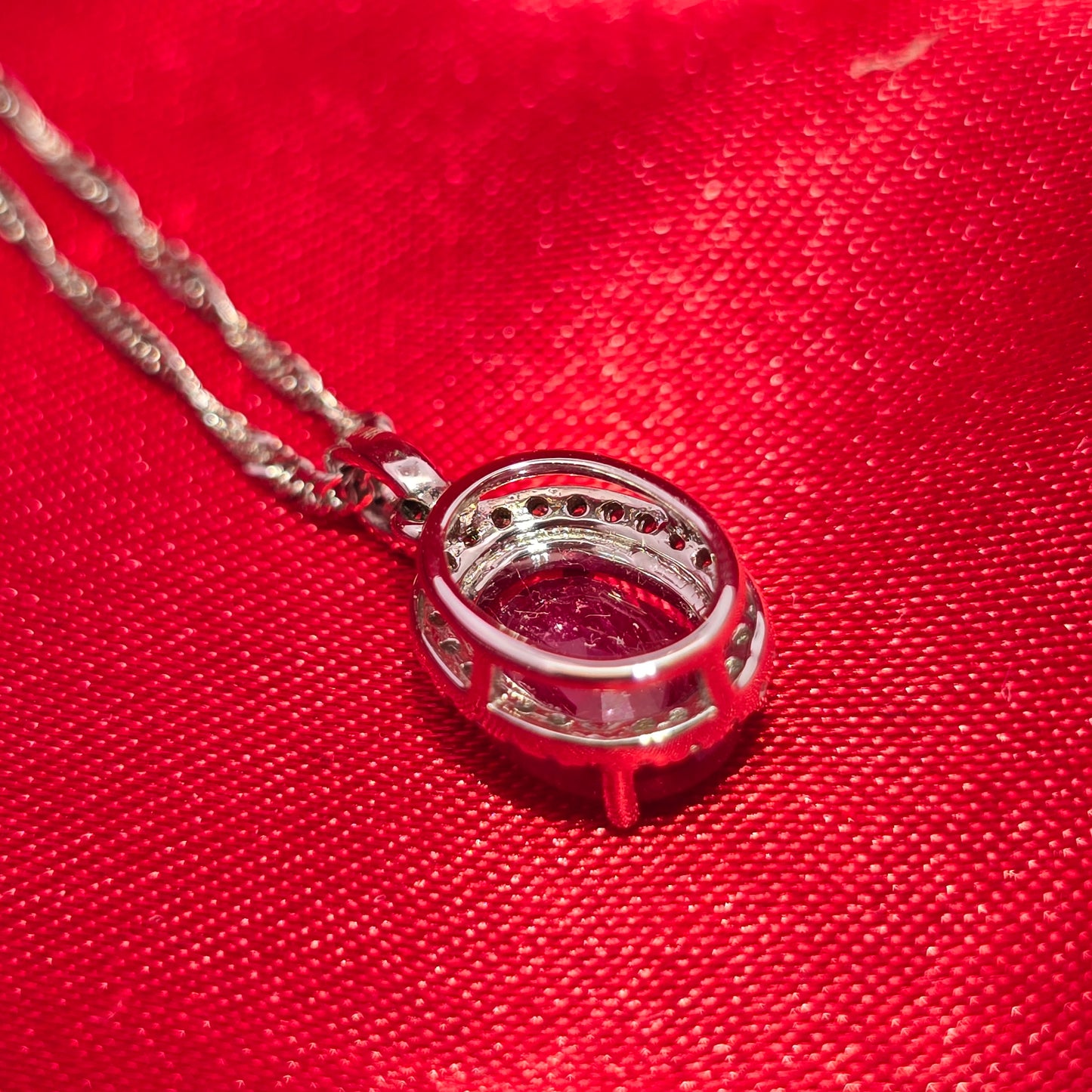 14K White Gold Diamond Ruby Oval Pendant Necklace | July Birthstone 1/8 CTW