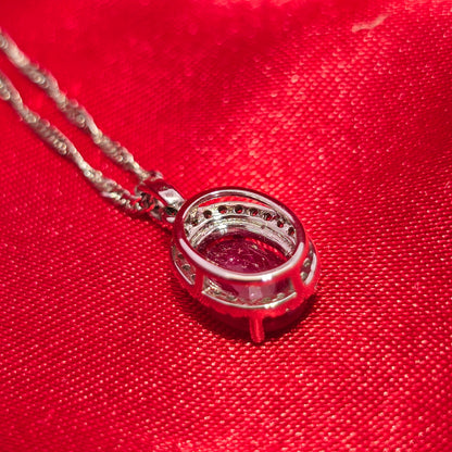 14K White Gold Diamond Ruby Oval Pendant Necklace | July Birthstone 1/8 CTW
