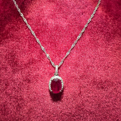 14K White Gold Diamond Ruby Oval Pendant Necklace | July Birthstone 1/8 CTW