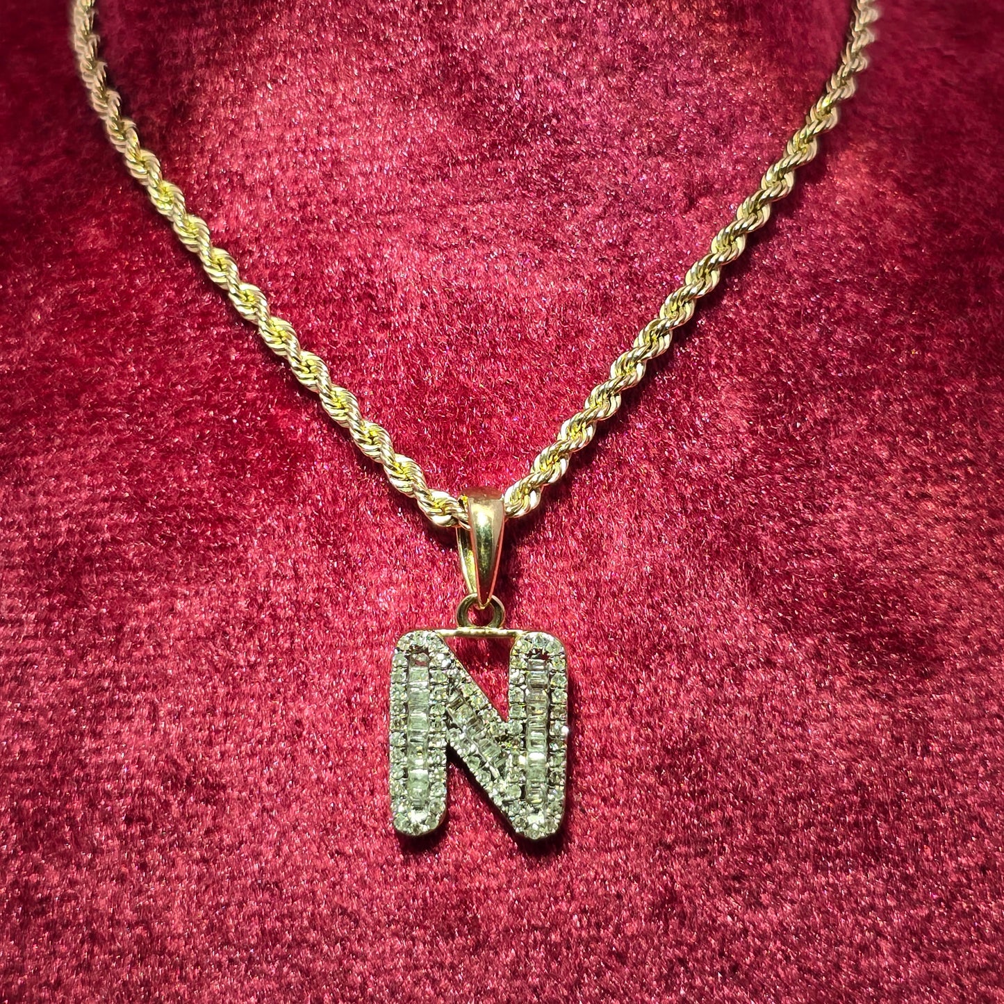 10K Yellow Gold Diamond "N" Initial Pendant With Rope Chain | 1/3 CTW