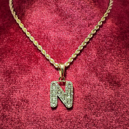 10K Yellow Gold Diamond "N" Initial Pendant With Rope Chain | 1/3 CTW