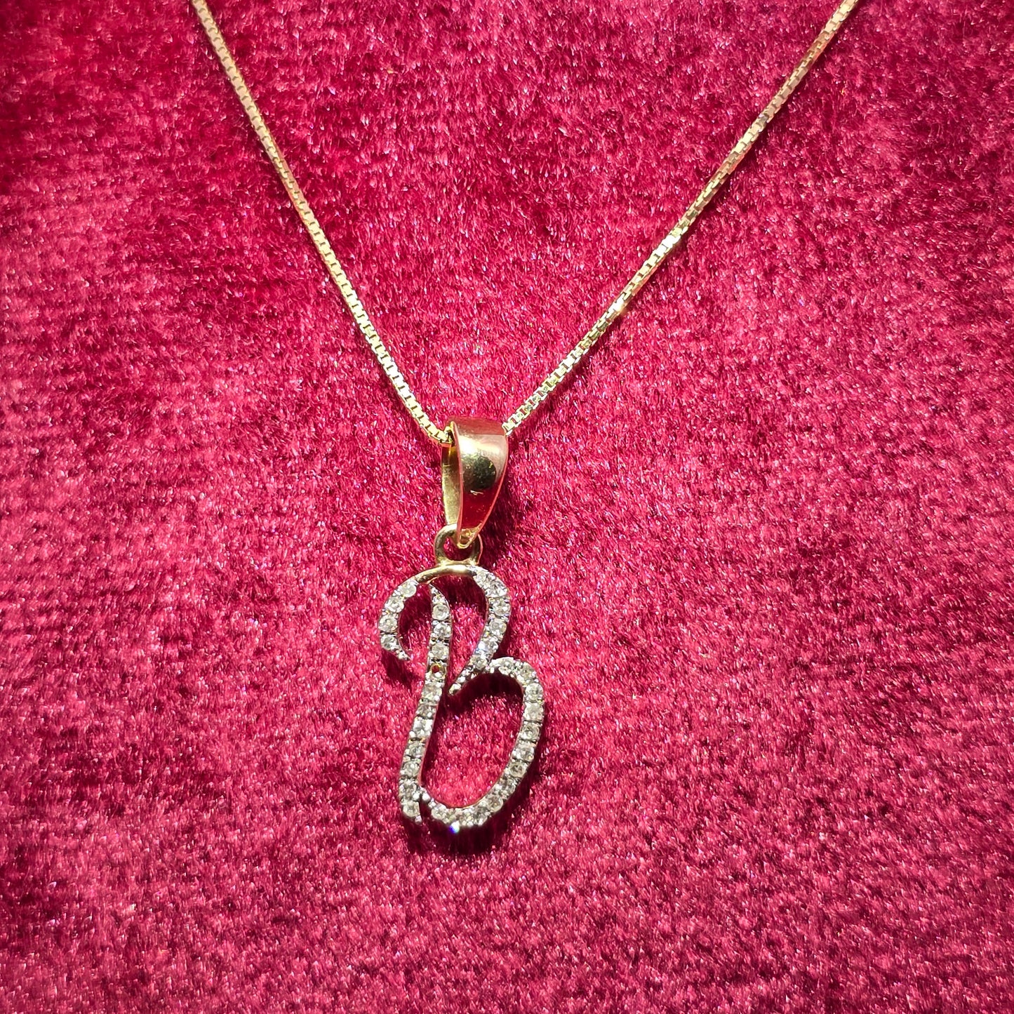 10k Yellow Gold Diamond "B" Initial Pendant With Box Chain 1/1 ctw