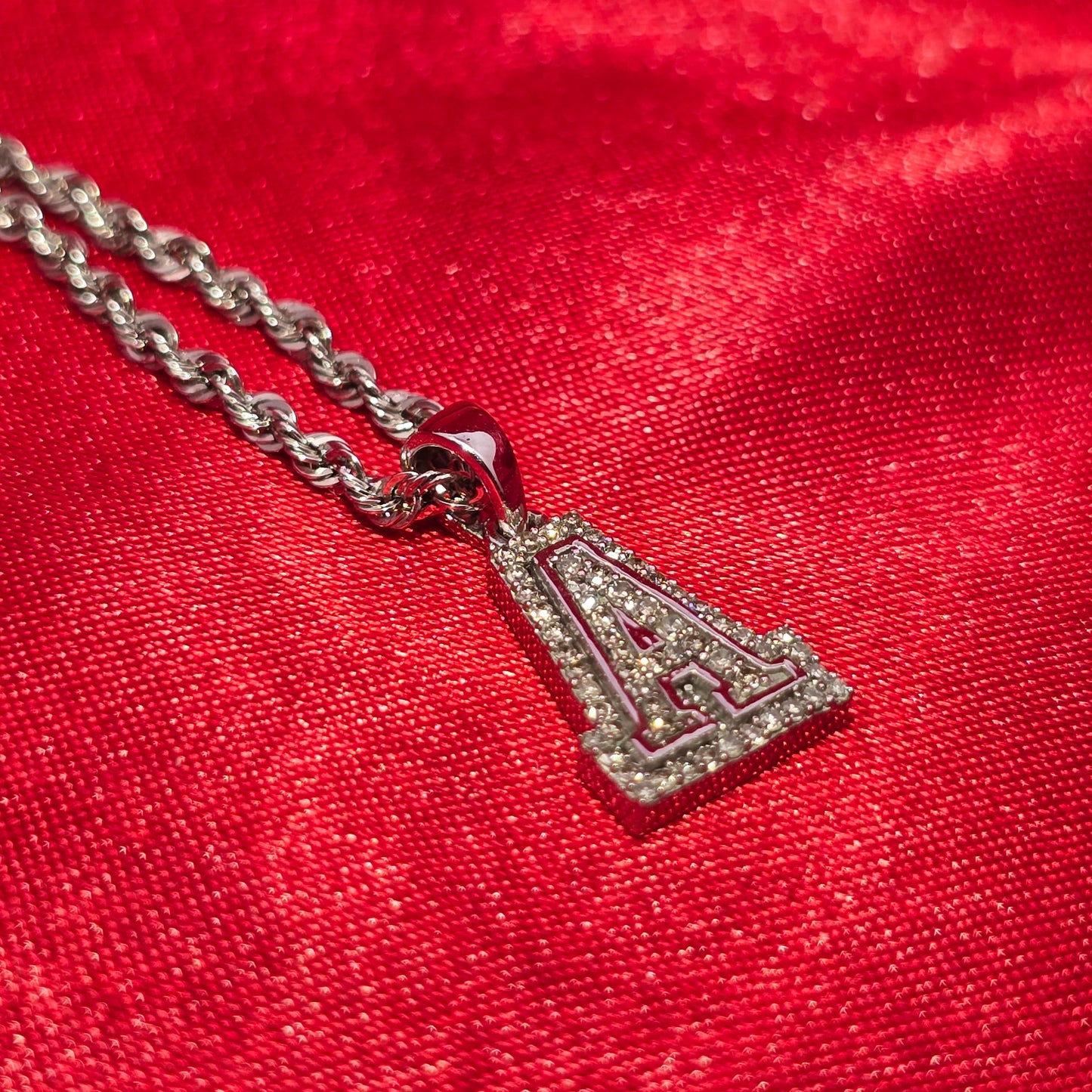 10K White Gold Diamond "A" Initial Pendant With Rope Chain | 1/6 CTW