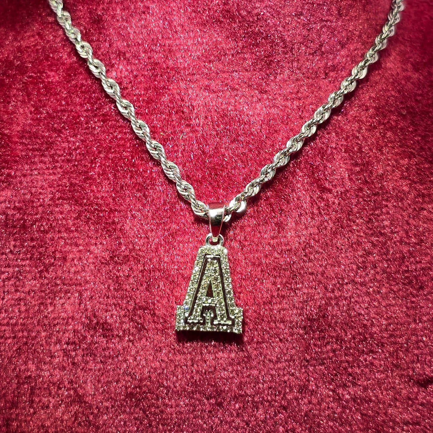 10K White Gold Diamond "A" Initial Pendant With Rope Chain | 1/6 CTW