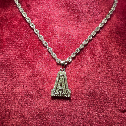 10K White Gold Diamond "A" Initial Pendant With Rope Chain | 1/6 CTW