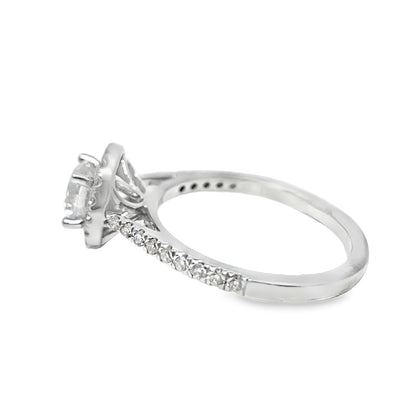 14k White Gold Diamond Halo Set Engagement Ring with Round Solitaire Center 1.06 ctw